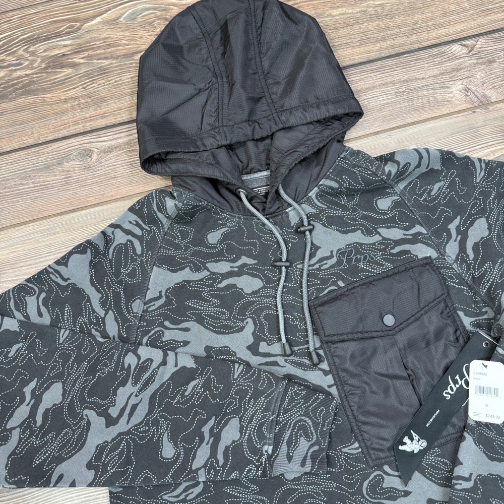 Prps Goods & Co Mens Camo Mixed Media Hoodie Black Grey E109S42 Size‎ Medium NWT